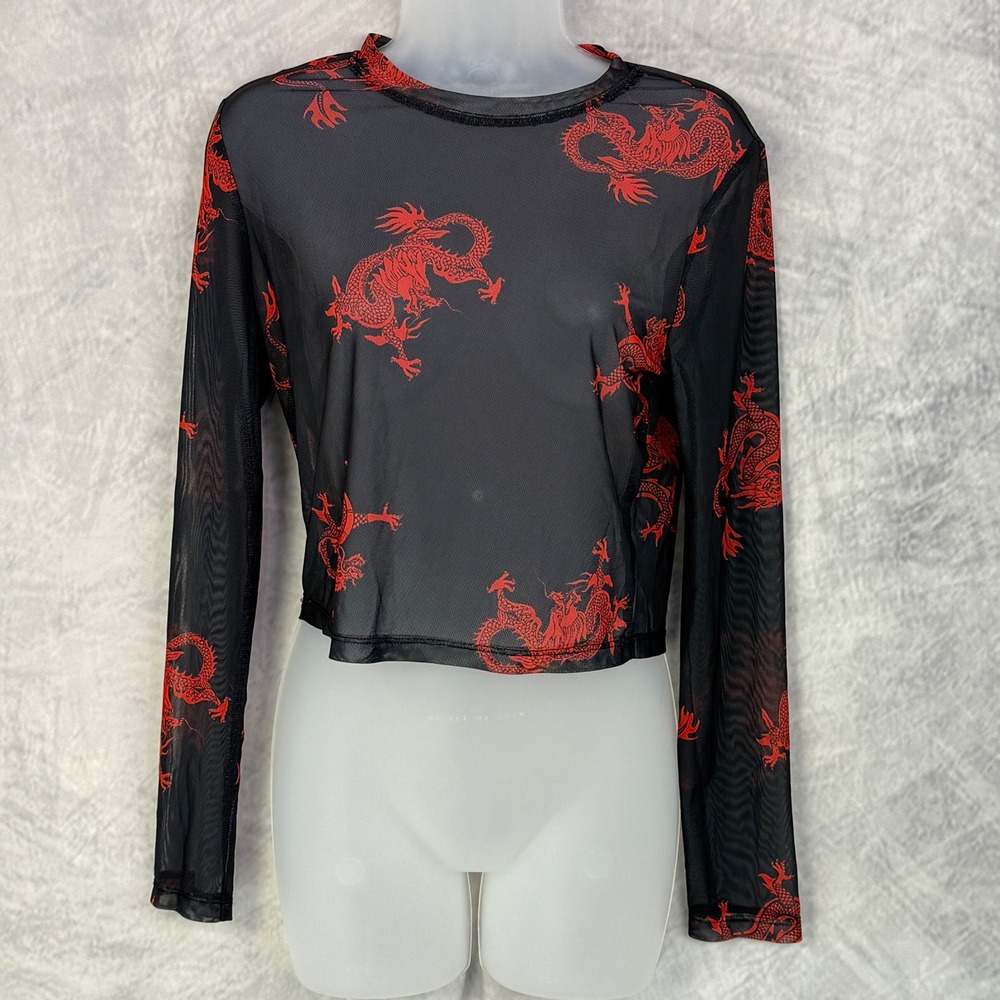 Womens Black Mesh Long Sleeve Crop Top Red Dragon whimsigoth y2k goth indie‎
